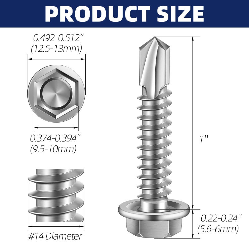 MewuDecor #14 x 1 (3/4" to 3" Available) Hex Washer Head Self Drilling Sheet Metal Screws with Drill Point, Stainless Steel 410, Pack of 50 - Image 2